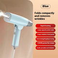 Handheld garment steamer in white or blue with compact design and water tank