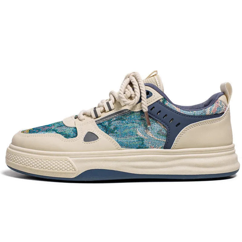 Casual canvas shoes with color matching pattern in Milan green and beige featuring flat heel and round toe design