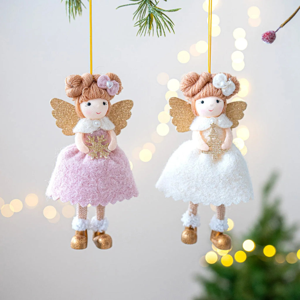 Pink and white cloth angel wings Christmas pendant with plush texture