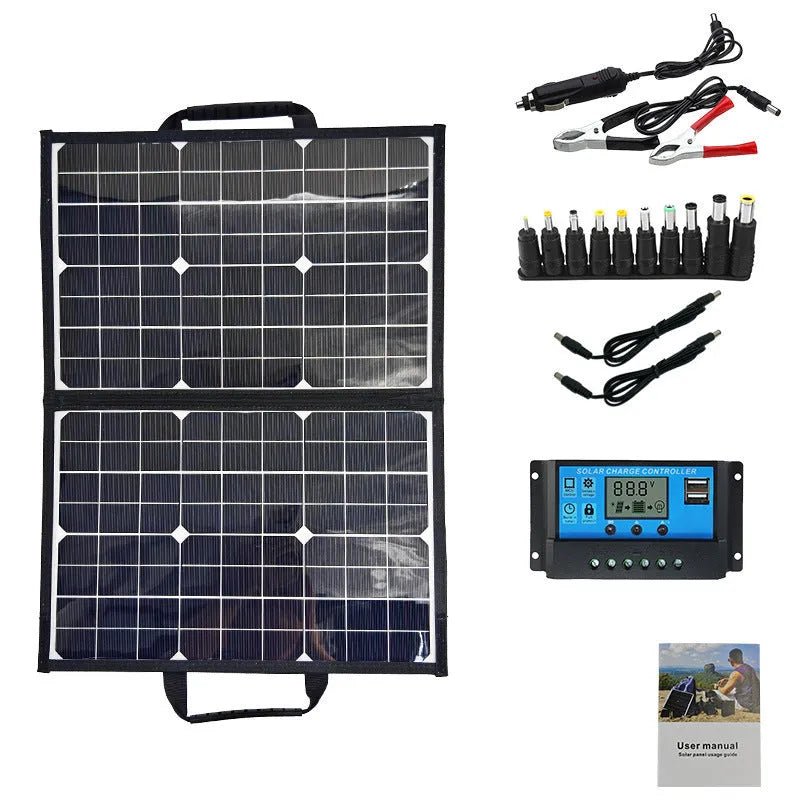 Black 40W single crystal solar folding bag panel measuring 425x285x8mm for outdoor camping and emergency charging