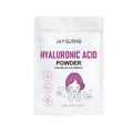 Hyaluronic acid powder skincare treatment in 100g pack with ingredients list showing calcium sulfate and silica
