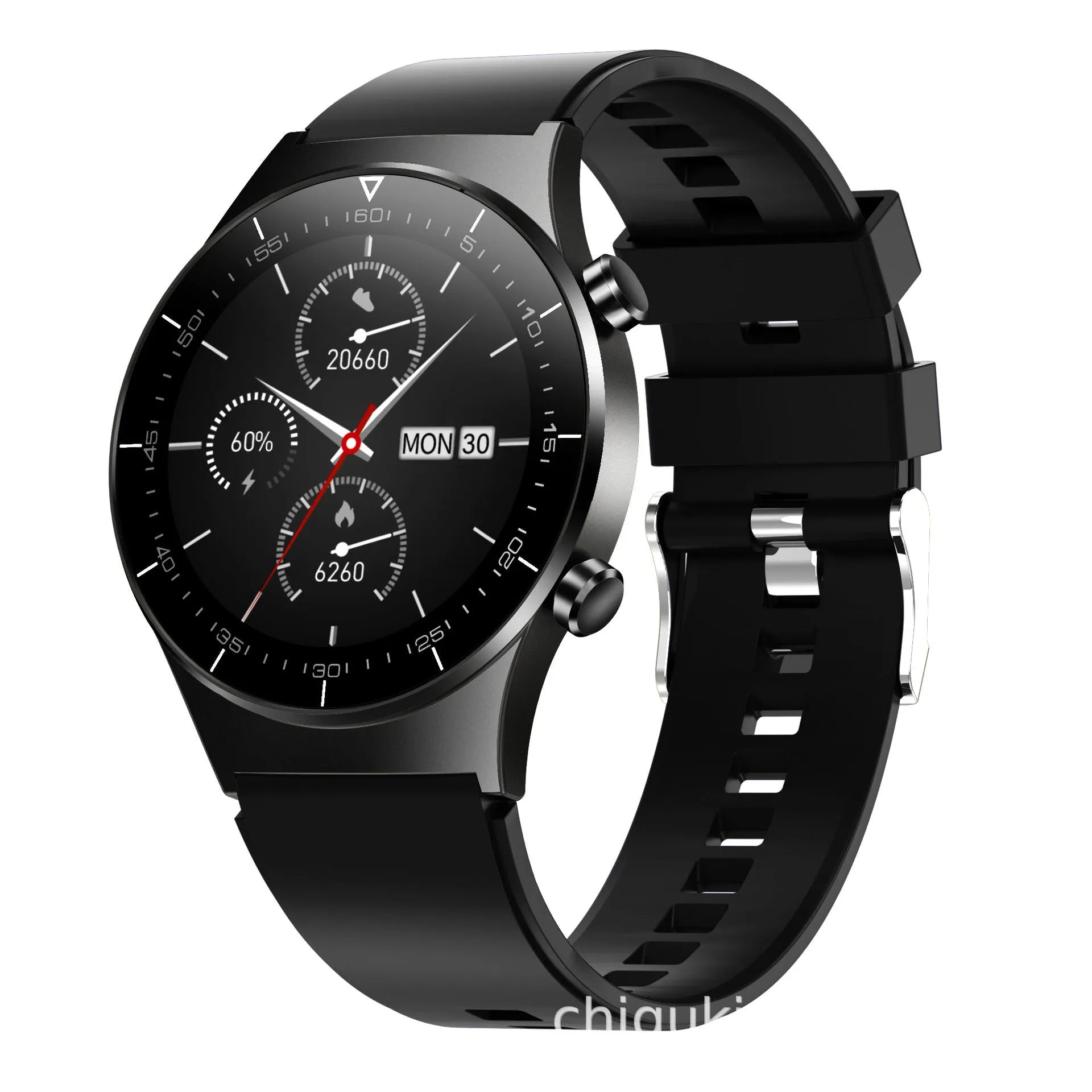 Black TPU smart watch with 1.28 inch glass touchscreen showing heart rate display