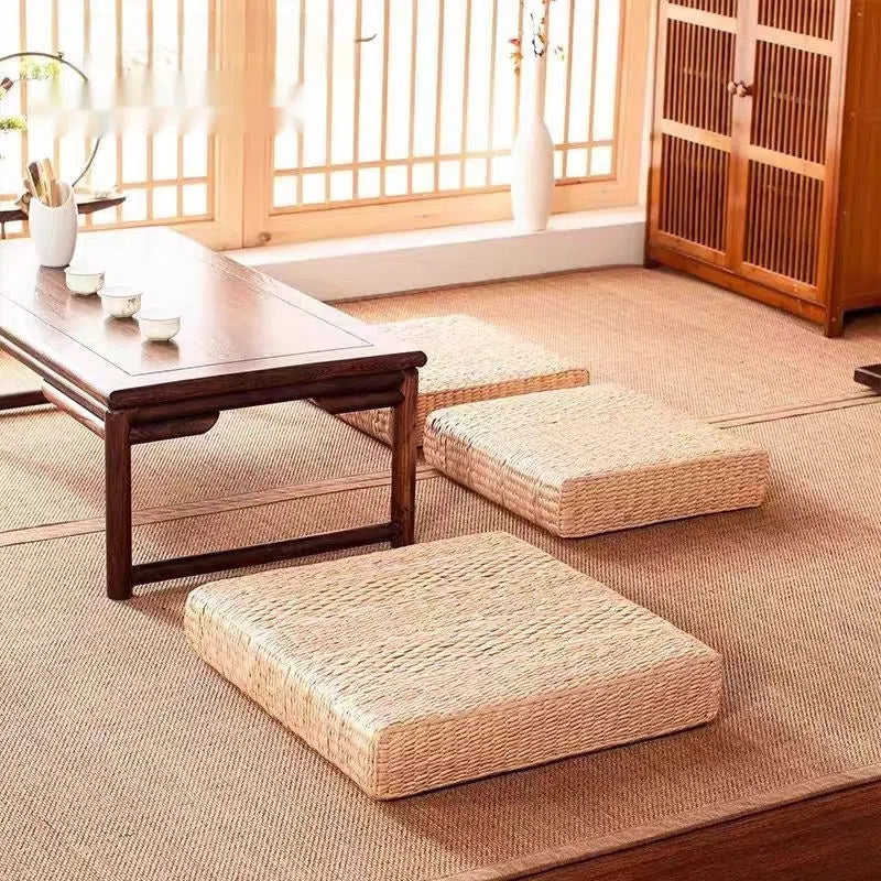 Natural rush square futon sofa cushion with hard rubber-plastic core in 40cm, 45cm or 50cm size
