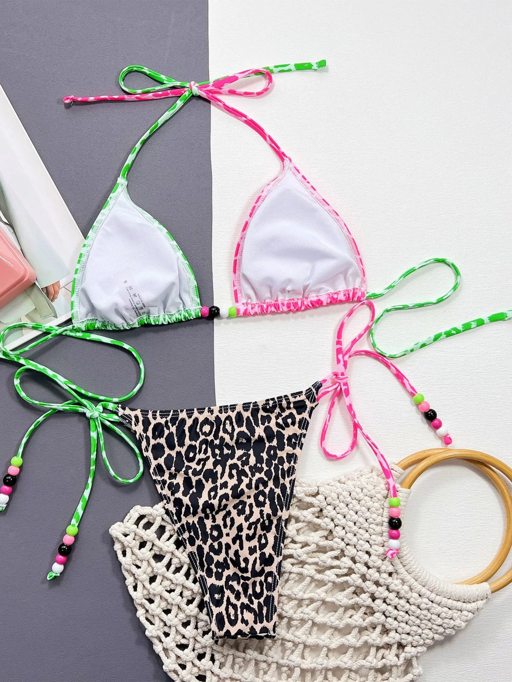 Women's leopard print bikini swimsuit with split cup bra and briefs style panties