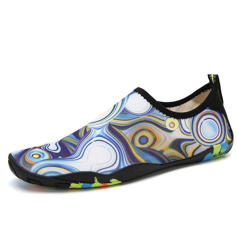 Lycra fabric beach wading shoes with EVA midsoles for men and women, shown in multiple colours