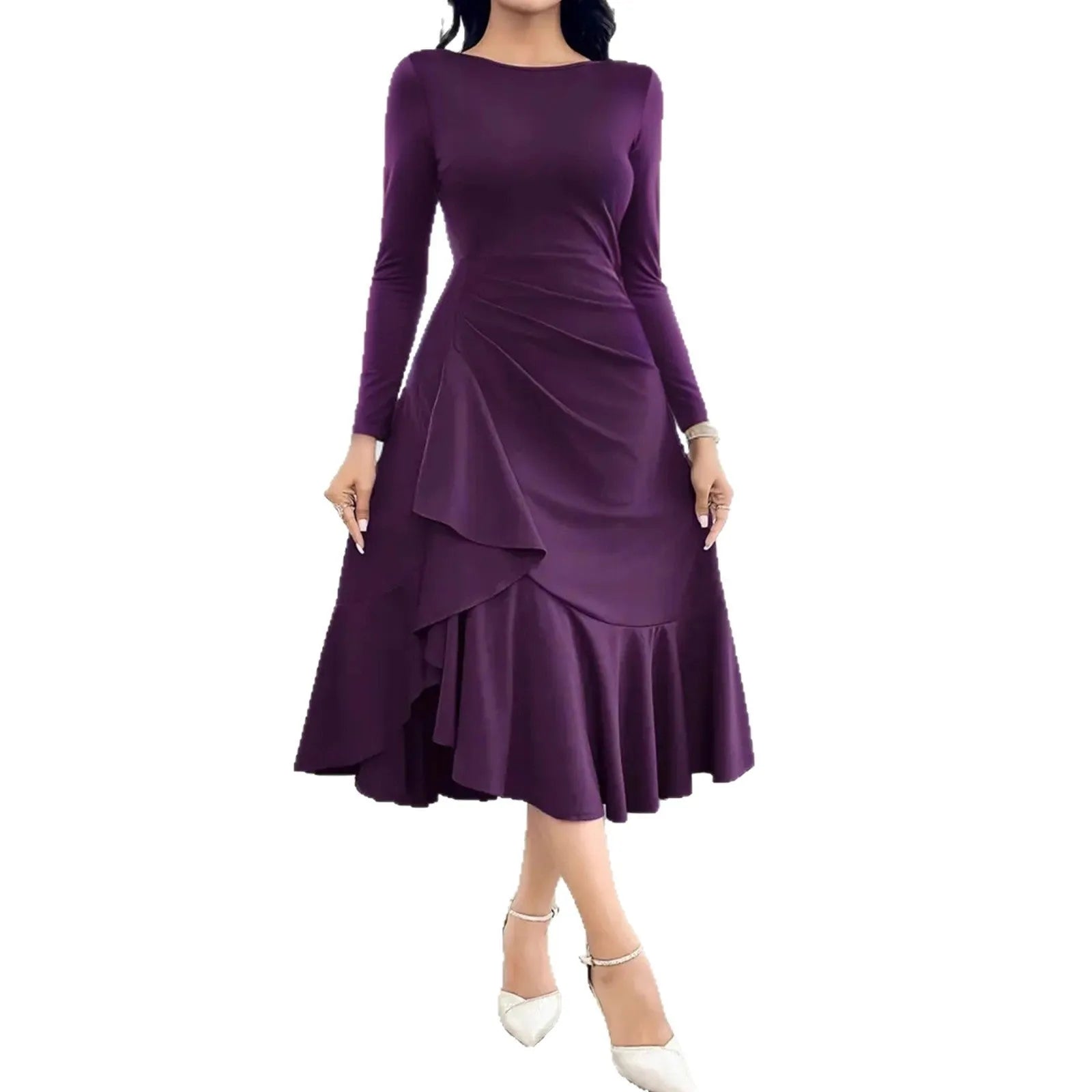 Purple women's long sleeve dress with ruffles and a round neck, shown on a mid-waist fit model.