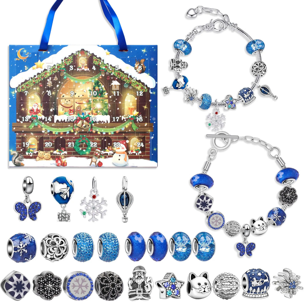 24 grid Christmas advent calendar countdown set with zinc alloy bracelet blind box in blue colourways