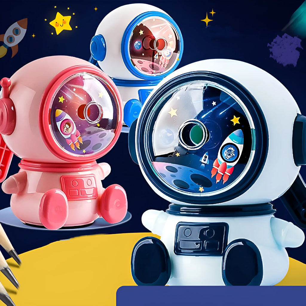 Cartoon astronaut themed manual pencil sharpener with adjustable settings and anti-jam mechanism