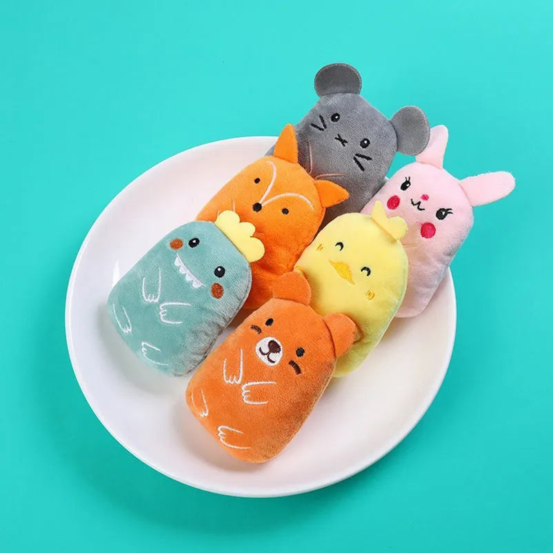 Plush catnip chewing toy for teeth grinding with vocal sounds, shown in assorted colours