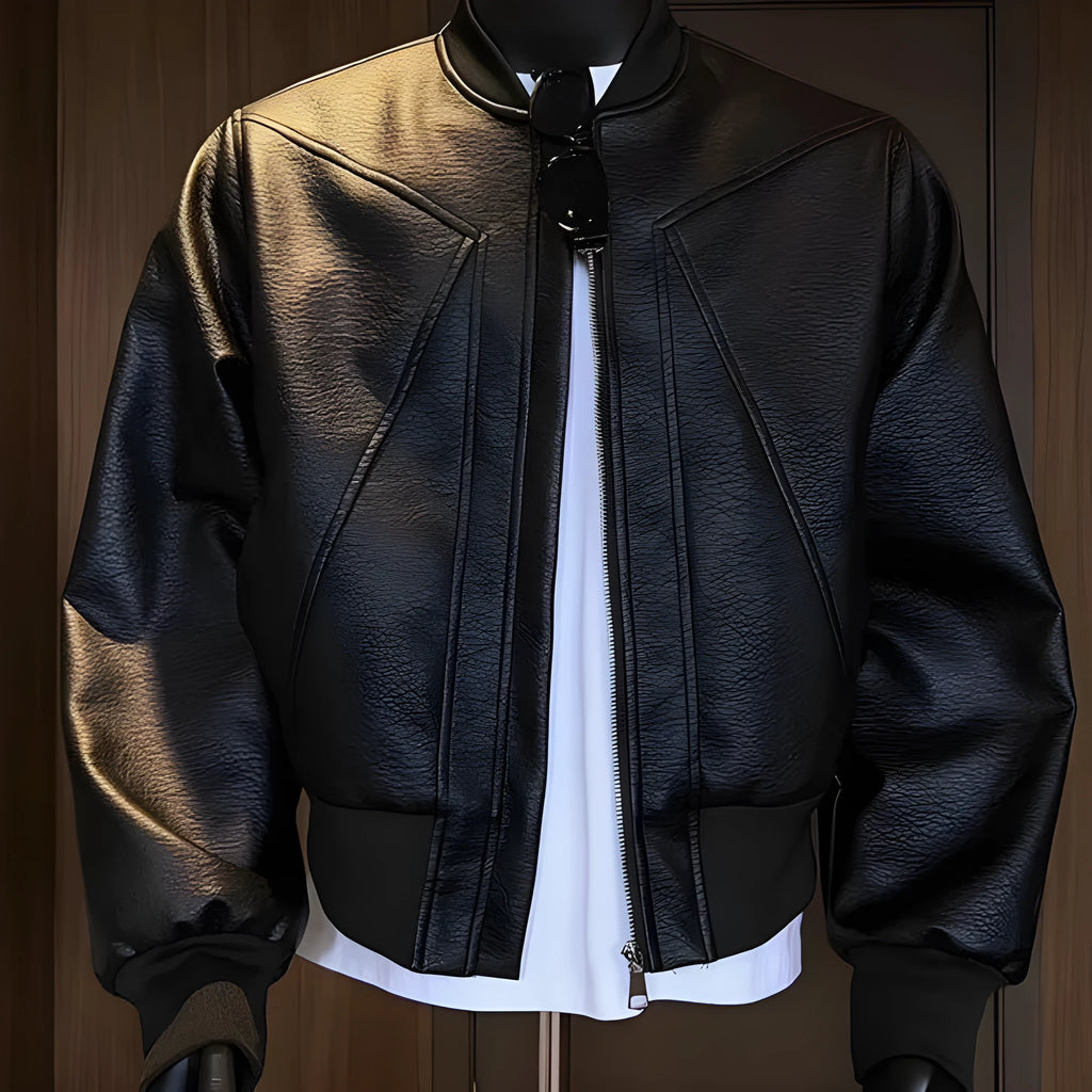 Men's black PU leather jacket with extended length and distinctive texture