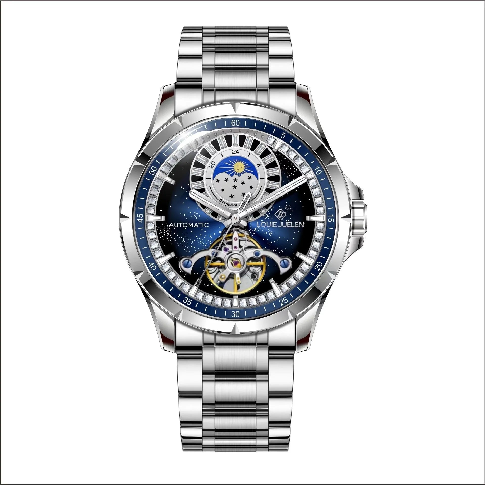 Silver automatic mechanical watch with blue dial and stainless steel bracelet on wrist