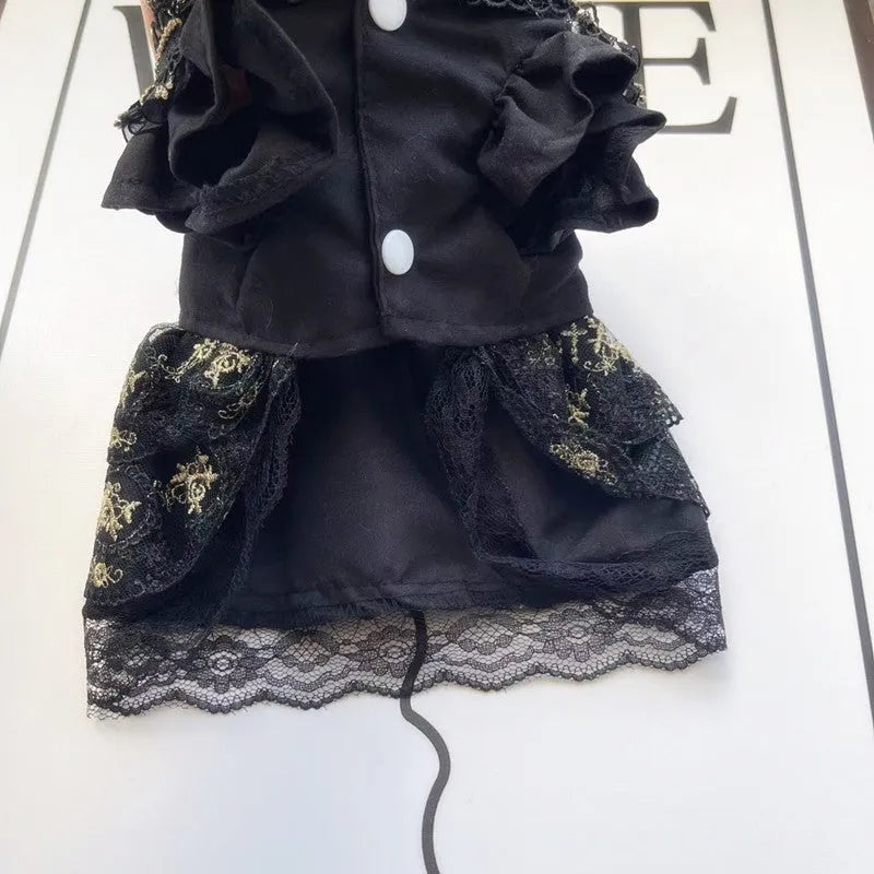 Golden gothic princess style skirt dress for a small dog or cat on a mannequin.