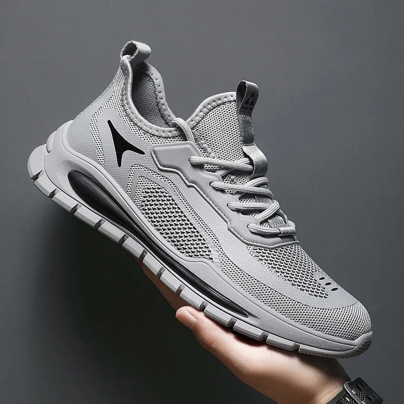Men's breathable mesh sports shoes, low top, flat heel, PVC sole, black or gray, sizes 39-44.