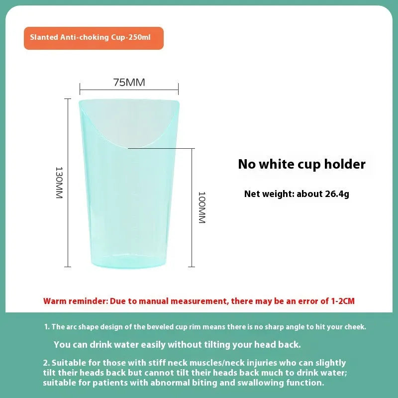 Angled spout choke-proof drinking cup with handle and lid for bed-bound users