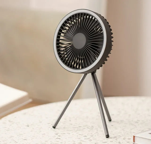 Portable tripod camping fan with detachable aluminium alloy stand, USB rechargeable battery, and hanging hook