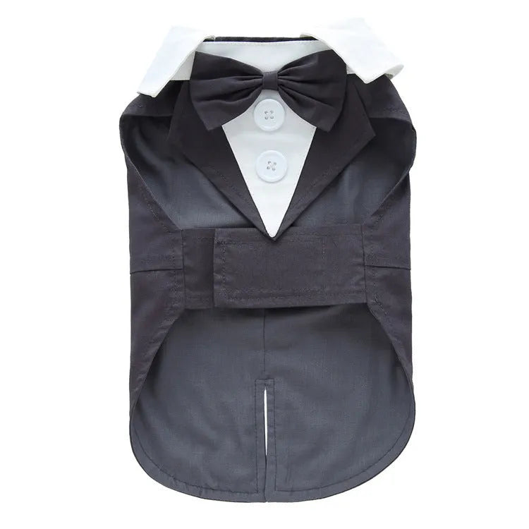 Dog tuxedo dress in polyester, sizes XS to XL, adjustable bust and collar, available in multiple colours.