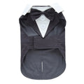 Dog tuxedo dress in polyester, sizes XS to XL, adjustable bust and collar, available in multiple colours.