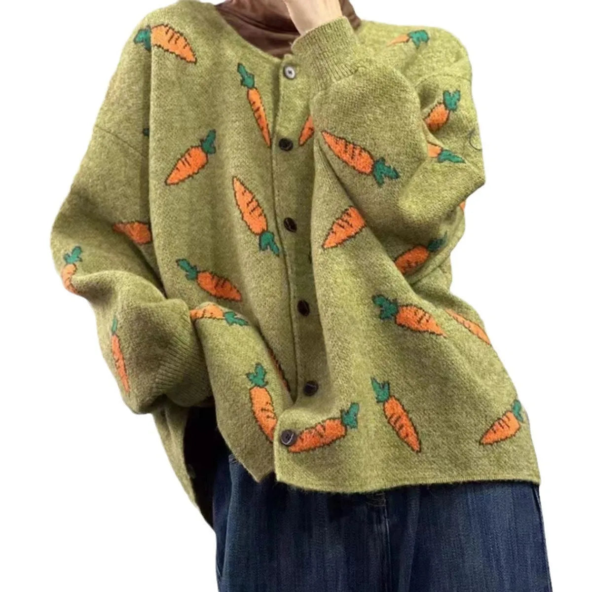 Mori artistic printing cardigan sweater with colour contrast design and loose fit