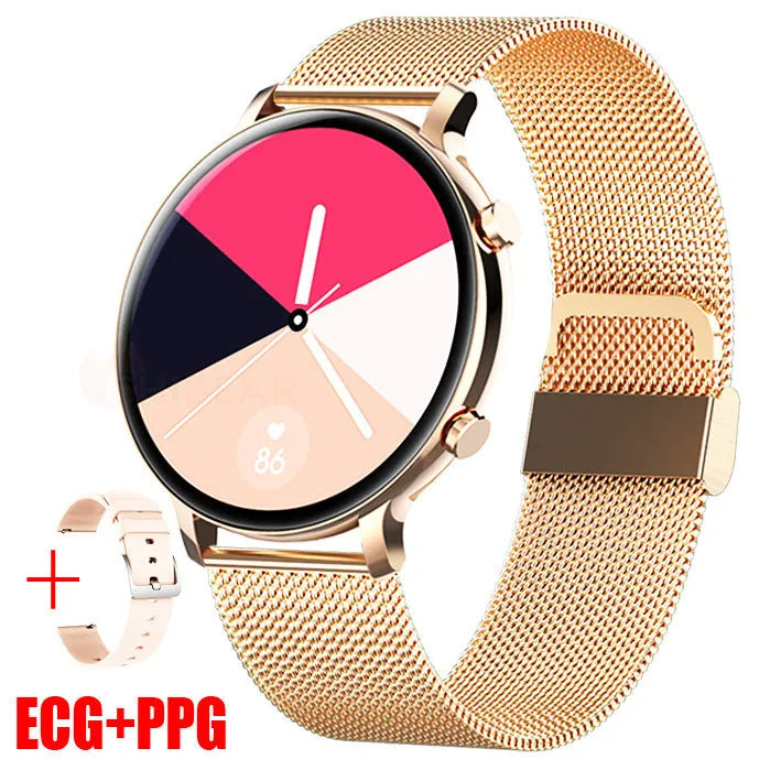 Bluetooth smartwatch with stainless steel strap on wrist, showing call and heart rate interface.