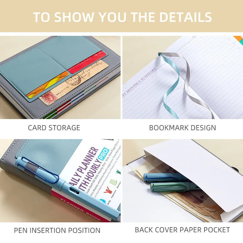 Undated A5 notebook with strap in purple PU cover, showing thread binding and closed with strap