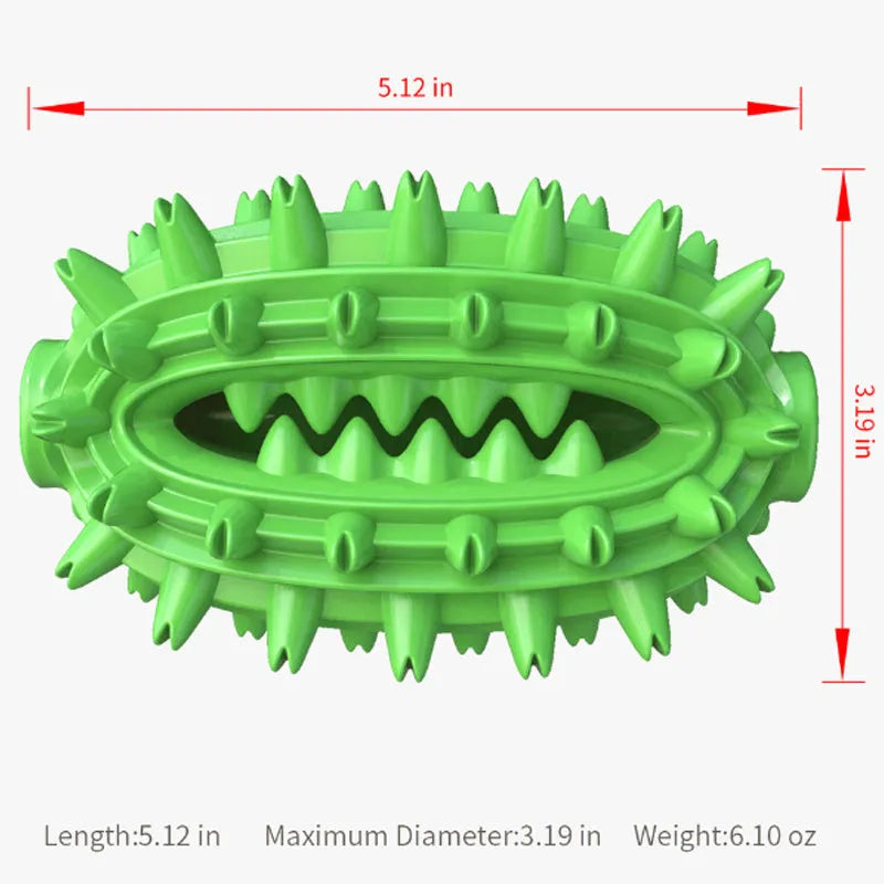 Green cactus-shaped dog chew toy with bumps and a central channel for dental care