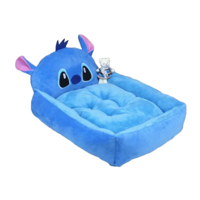 Cartoon print washable pet sofa bed for a small dog or cat, shown in blue, brown, gray, pink, or yellow.