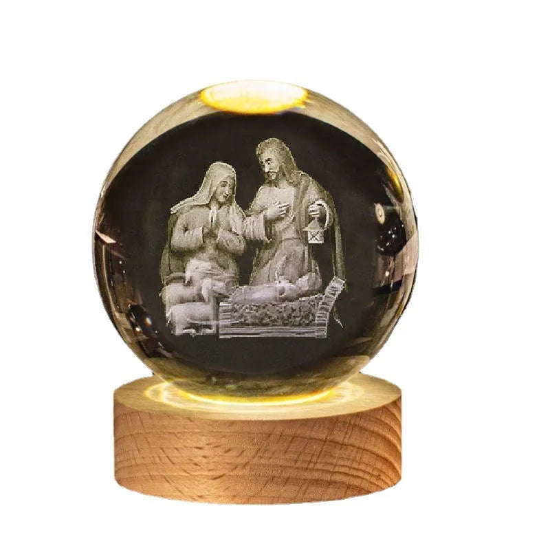 White crystal ball desk ornament with solid wood warm light base showing purity designs