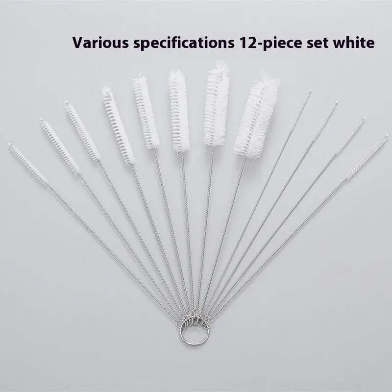 Nylon straw cleaning brush set with stainless steel handles and nylon bristles, 8 to 12 piece packs, white or black options.