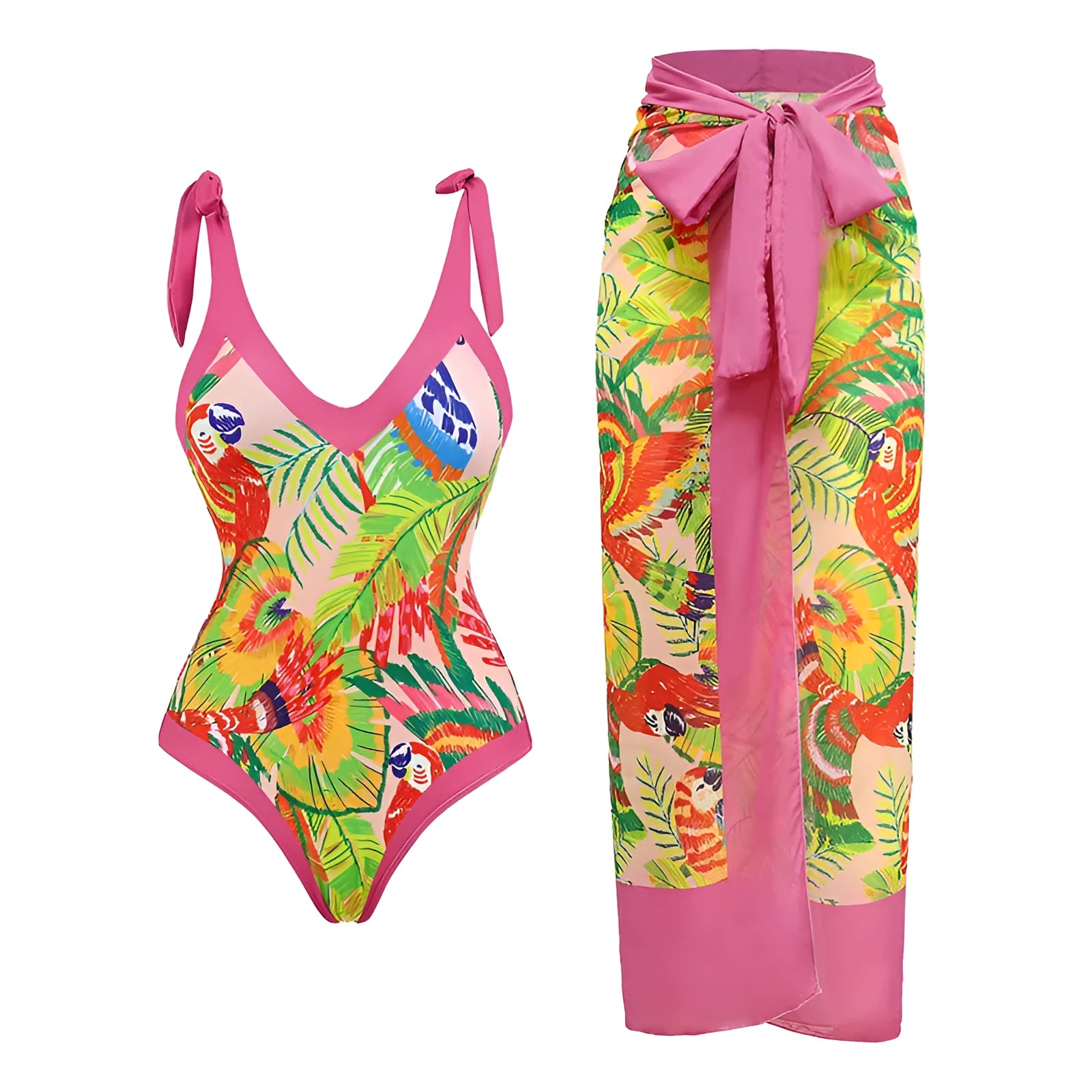Women's solid colour one-piece swimsuit with spaghetti straps and a matching removable skirt.