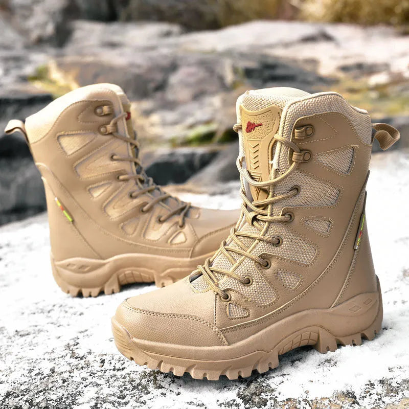 Cowhide leather hi-top hiking platform sneaker in beige colour on a neutral background