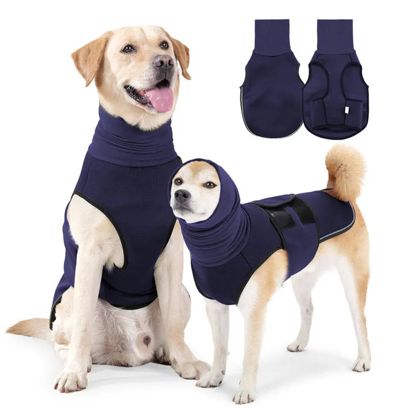 Army green dog anti-anxiety jacket providing calming compression for pet stress relief.