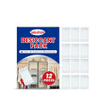 Pack of 12 white calcium chloride desiccant bags for household moisture absorption.