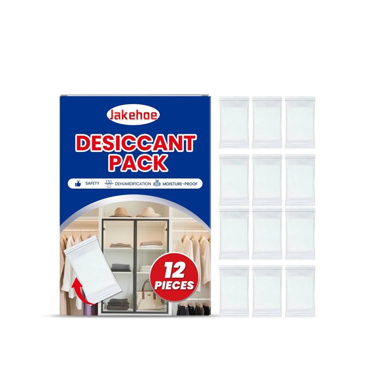 Pack of 12 white calcium chloride desiccant bags for household moisture absorption.