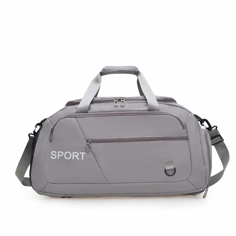 Large capacity nylon gym bag with dry wet separation, available in black, green, pink, blue, and gray for women