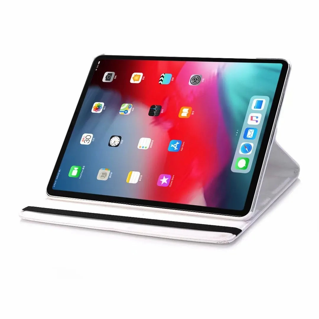 Rotating clamshell iPad protective sleeve in imitation leather, shown in rose red colour.