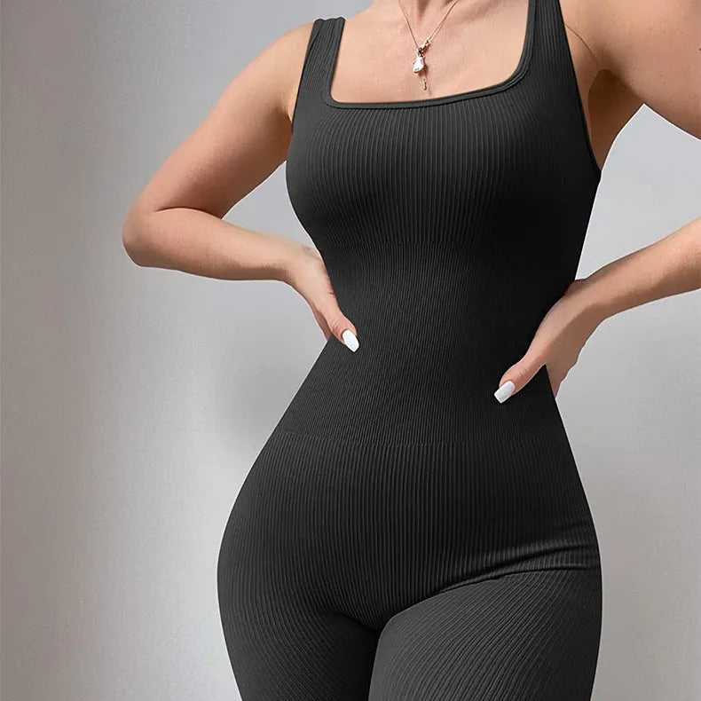 Women's long sleeve spandex suspender bodysuit tights with waist detail and button fastening.
