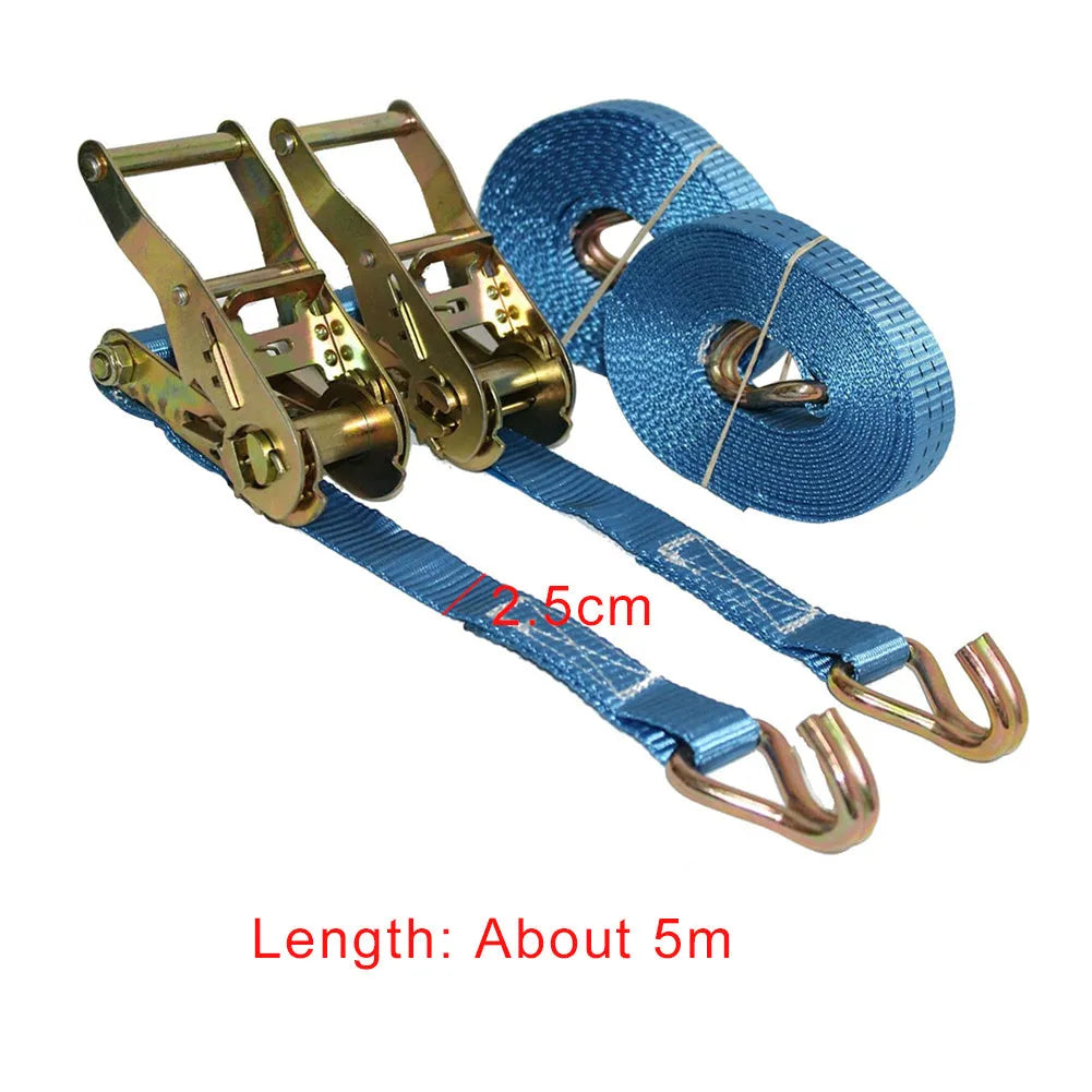 Steel ratchet tensioner strap with double triangle hooks and polyester webbing for furniture and cargo securing