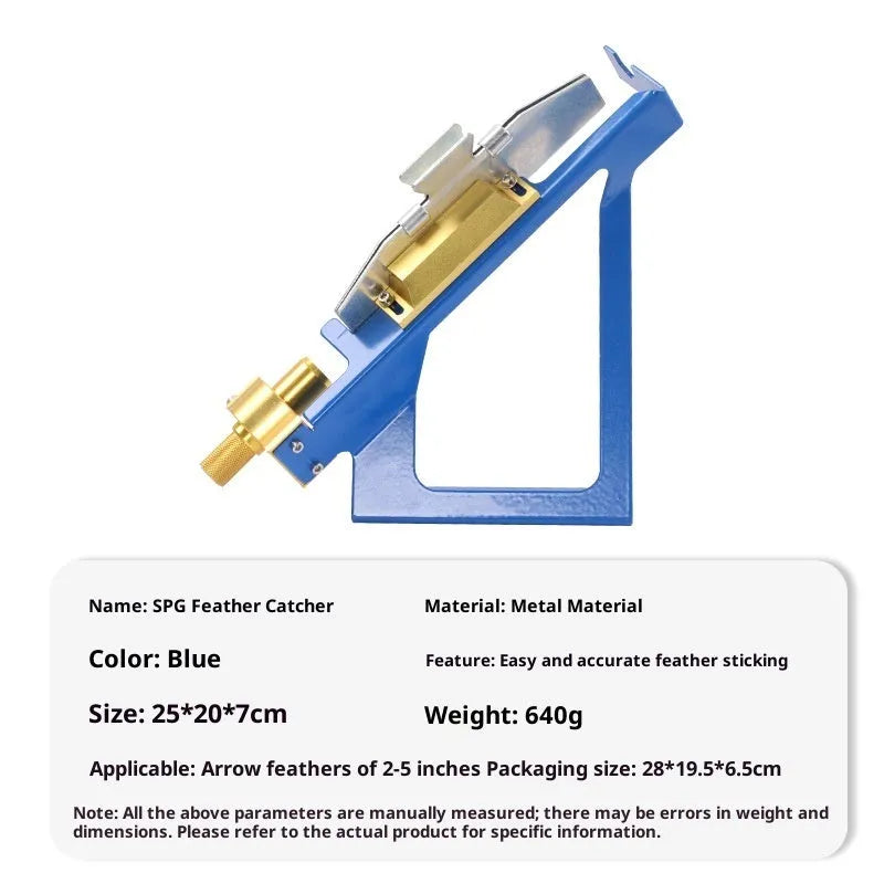 SPG stainless steel fletching jig in blue or silver for arrow bonding and DIY fletching.
