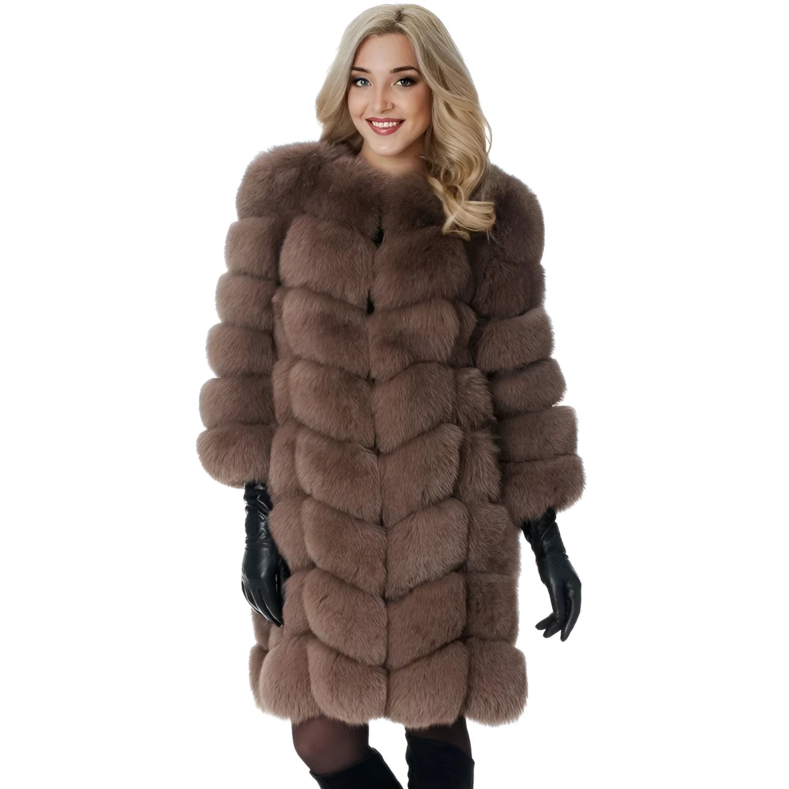 Women's long artificial fur coat in wine red colour showing full 80cm length