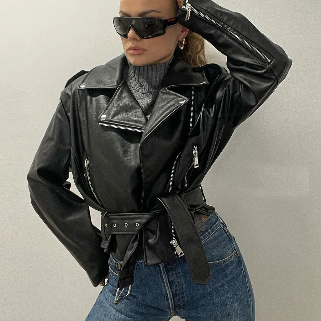 Women's black punk locomotive style jacket with a Peter Pan collar and drawstring waist.