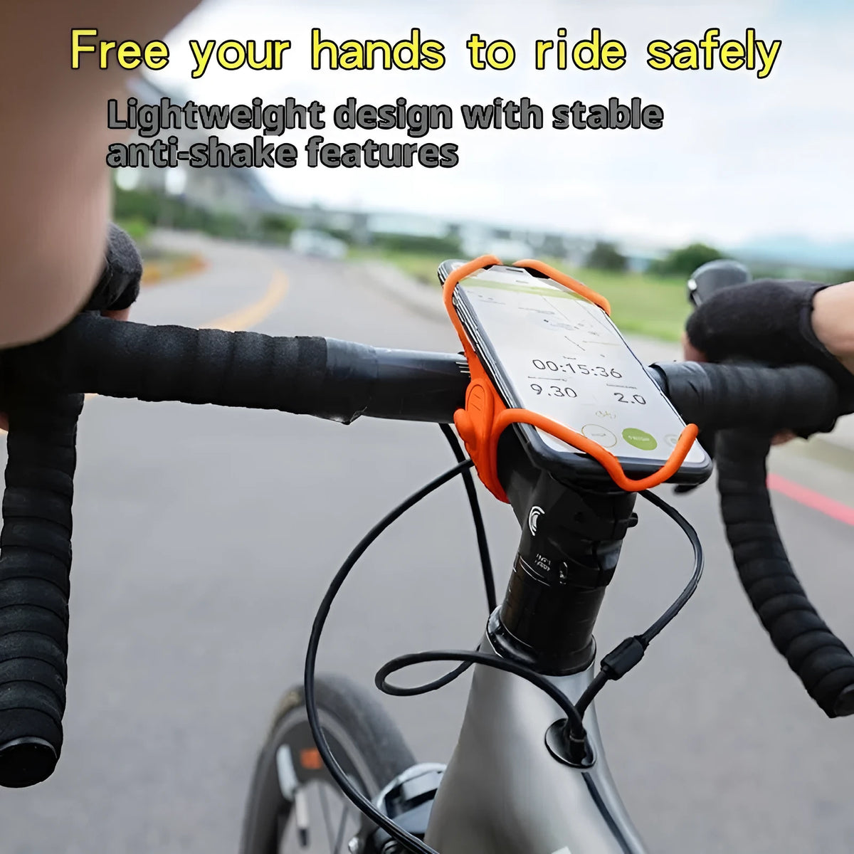 Adjustable road bike phone mount in black, orange, or grey plastic, universal handlebar bracket, single pack