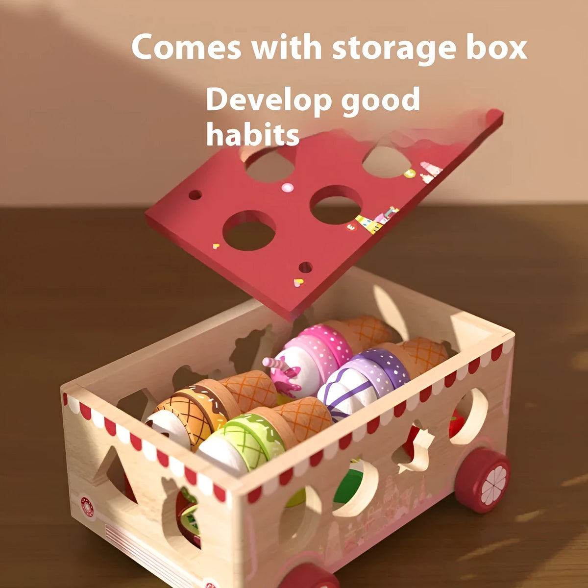 Wooden children's intelligence box toy car 22x16x15cm in a themed colour option, packed in a colour box.