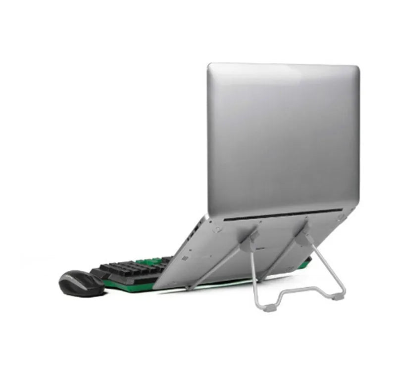 Grey aluminium alloy mobile phone and laptop stand on a wooden desk.