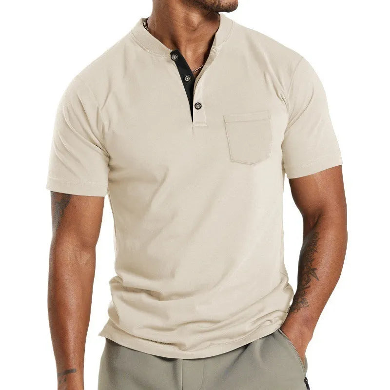 Men's plus size short sleeve solid colour shirt with a button chest pocket on a hanger.
