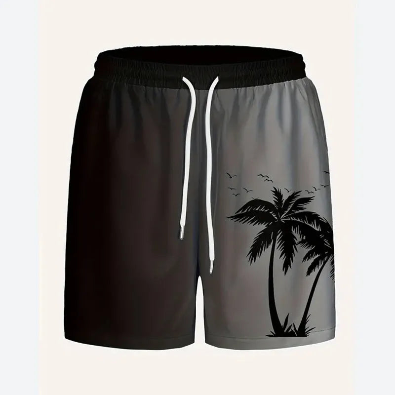 Men's loose fit polyester beach pants in a solid colour on a size chart background.