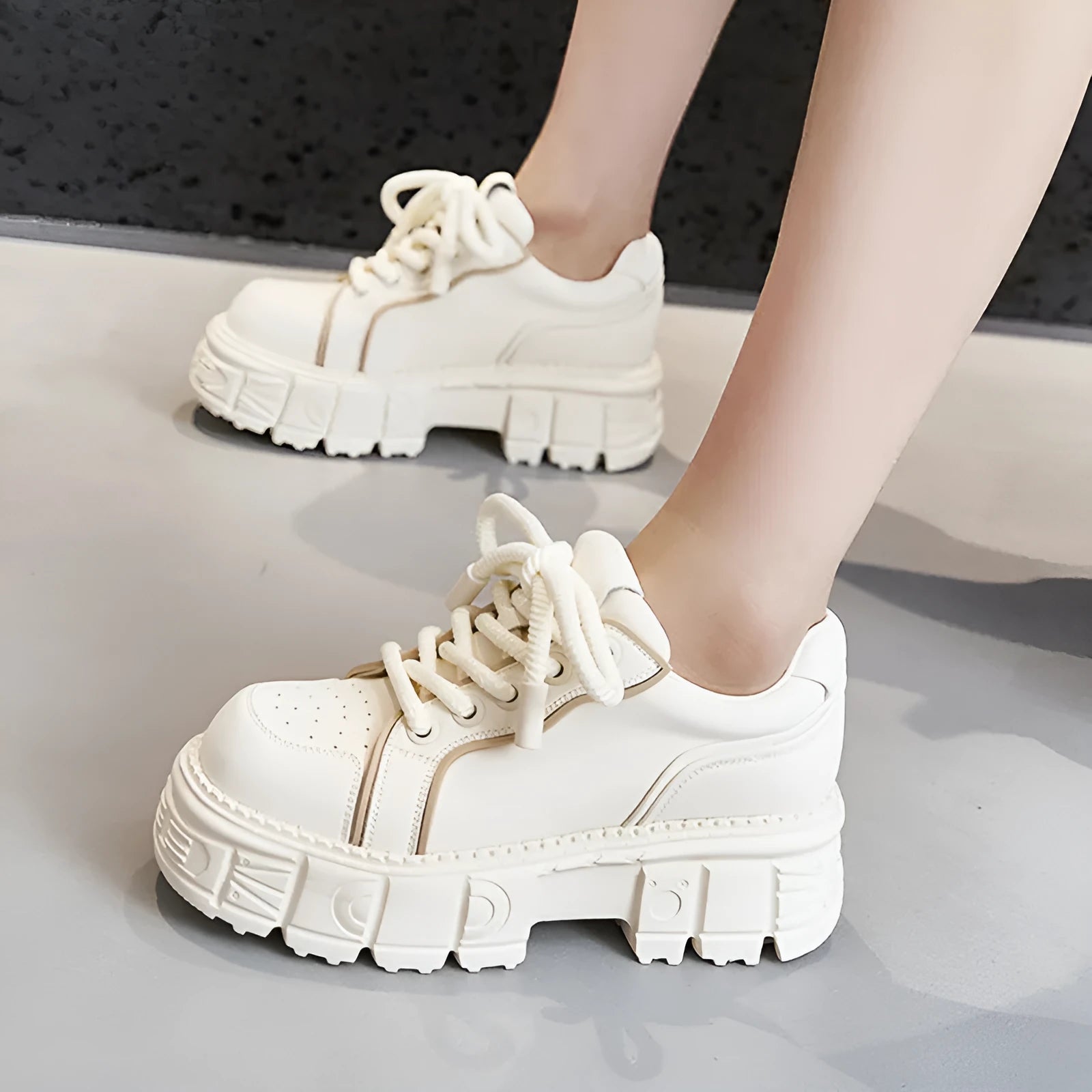 Beige and pink casual leather shoes with muffin bottom design and height increasing soles
