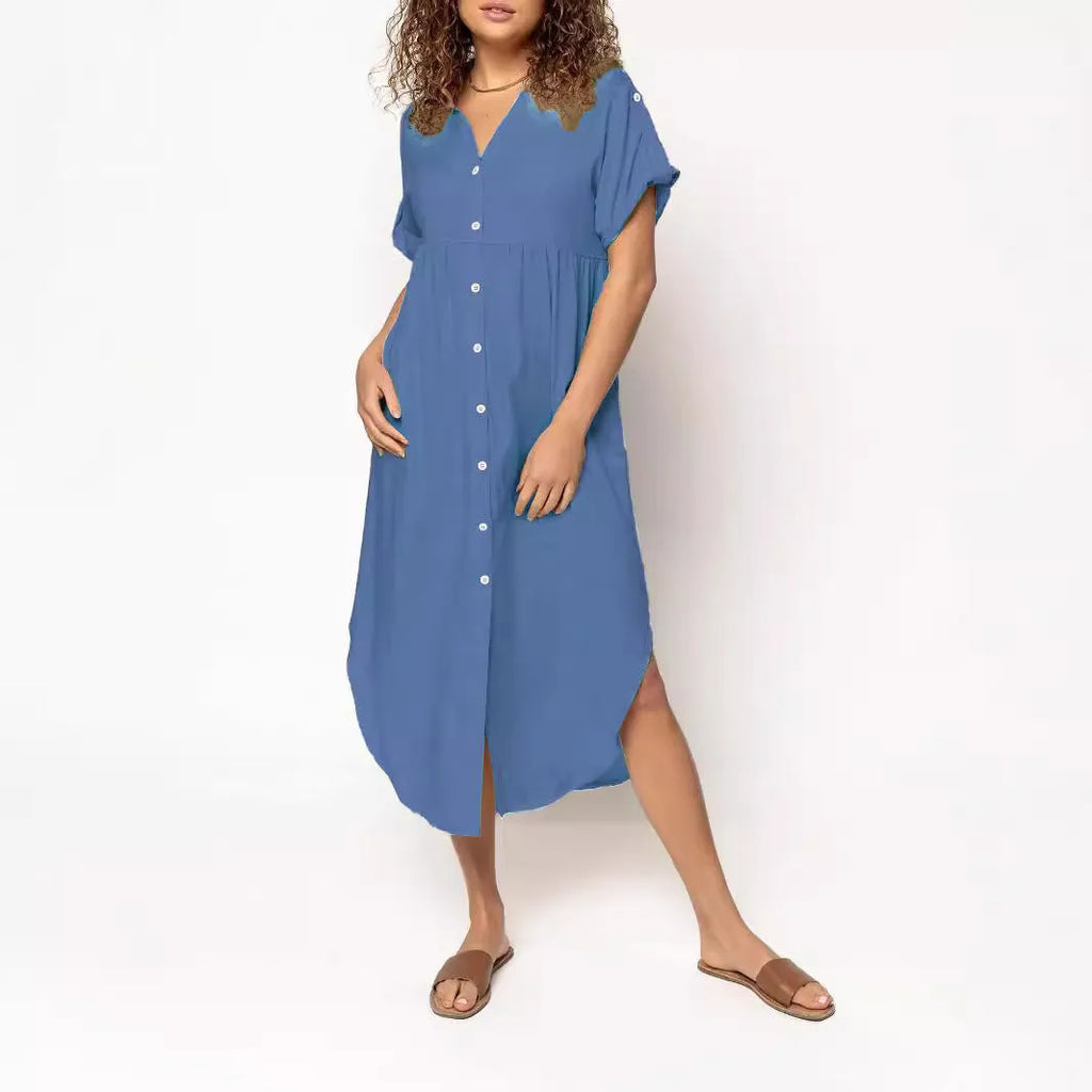Women's button-front casual midi dress in polyester fabric with loose fit and regular sleeves