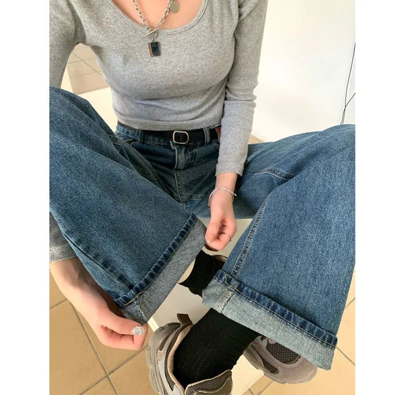 Women's retro blue high waist straight leg jeans showing three length options