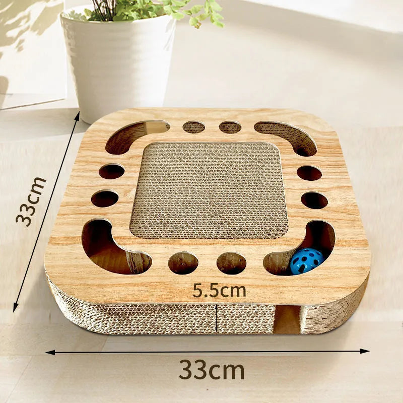 Corrugated paper cat scratch board with interactive ball in bullet plate style