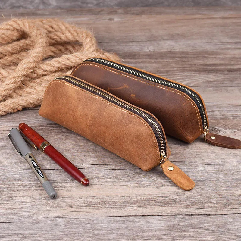 Handmade cowhide leather pencil and glasses case with zipper closure in square design